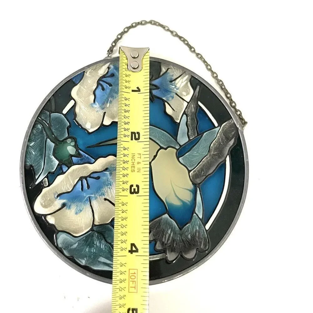 Stained Glass Round Sun Catcher Hummingbird and Flowers 4.5” With Chain Ornament